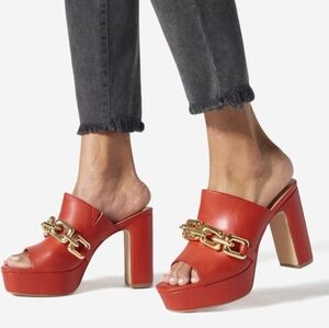 Red Platform Mules with Gold Chain Accent